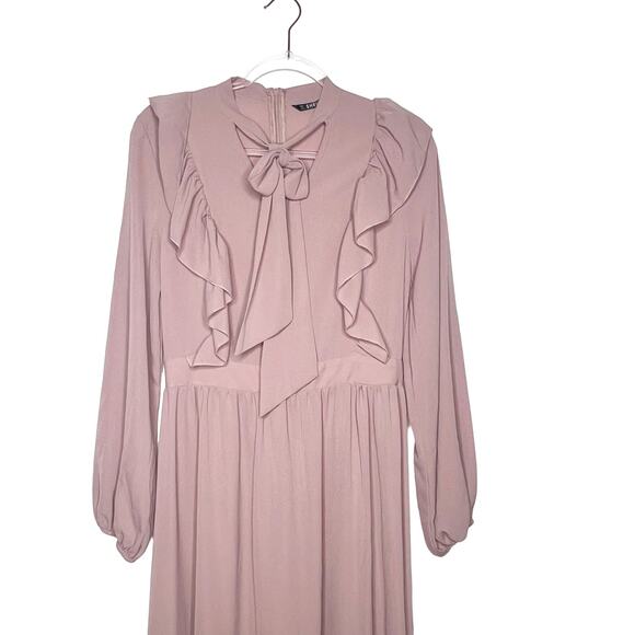 SHEIN Tie Neck Fit & Flare Ruffle Trim Long Sleeve Maxi Dress Rustic Pink Size M - Picture 6 of 11